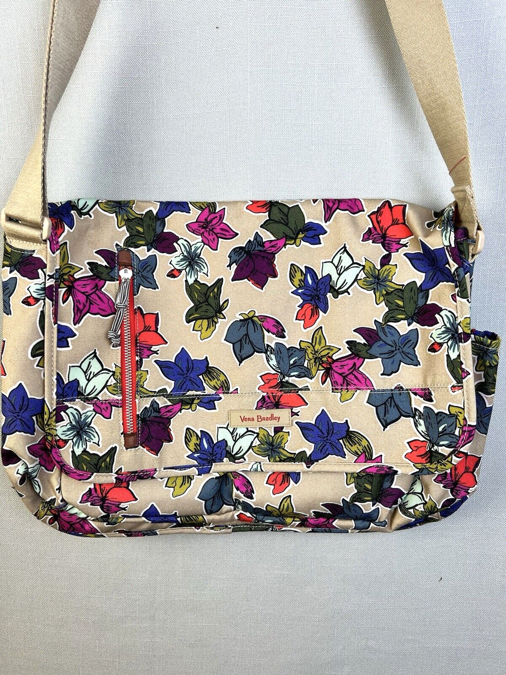 Vera Bradley Falling Flowers Laptop Messenger Bag Tan Orange Organization Preppy